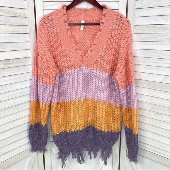 Wishlist Distressed Colorblock Grunge Pullover Sweater Medium Large Purple Multi - Picture 7 of 14